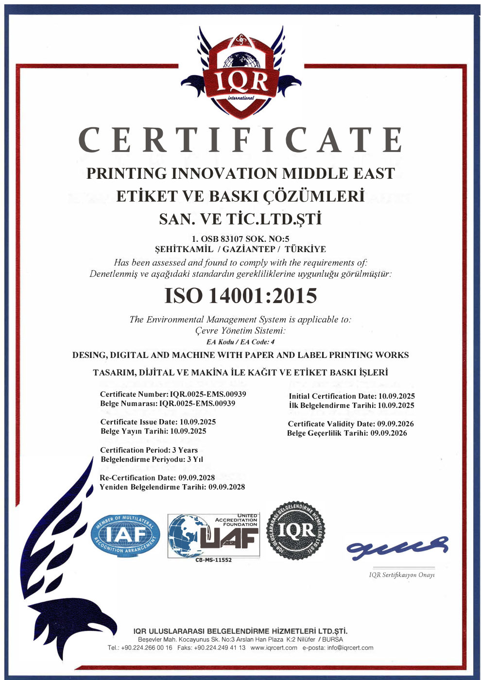 ISO 14001:2015 sertifikası
