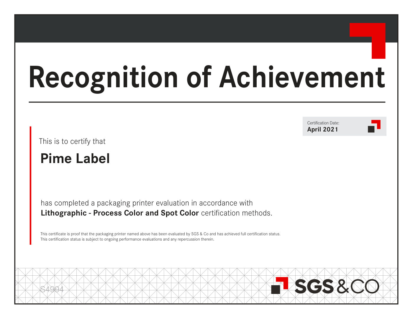 SGS & Co Recognition of Achievement